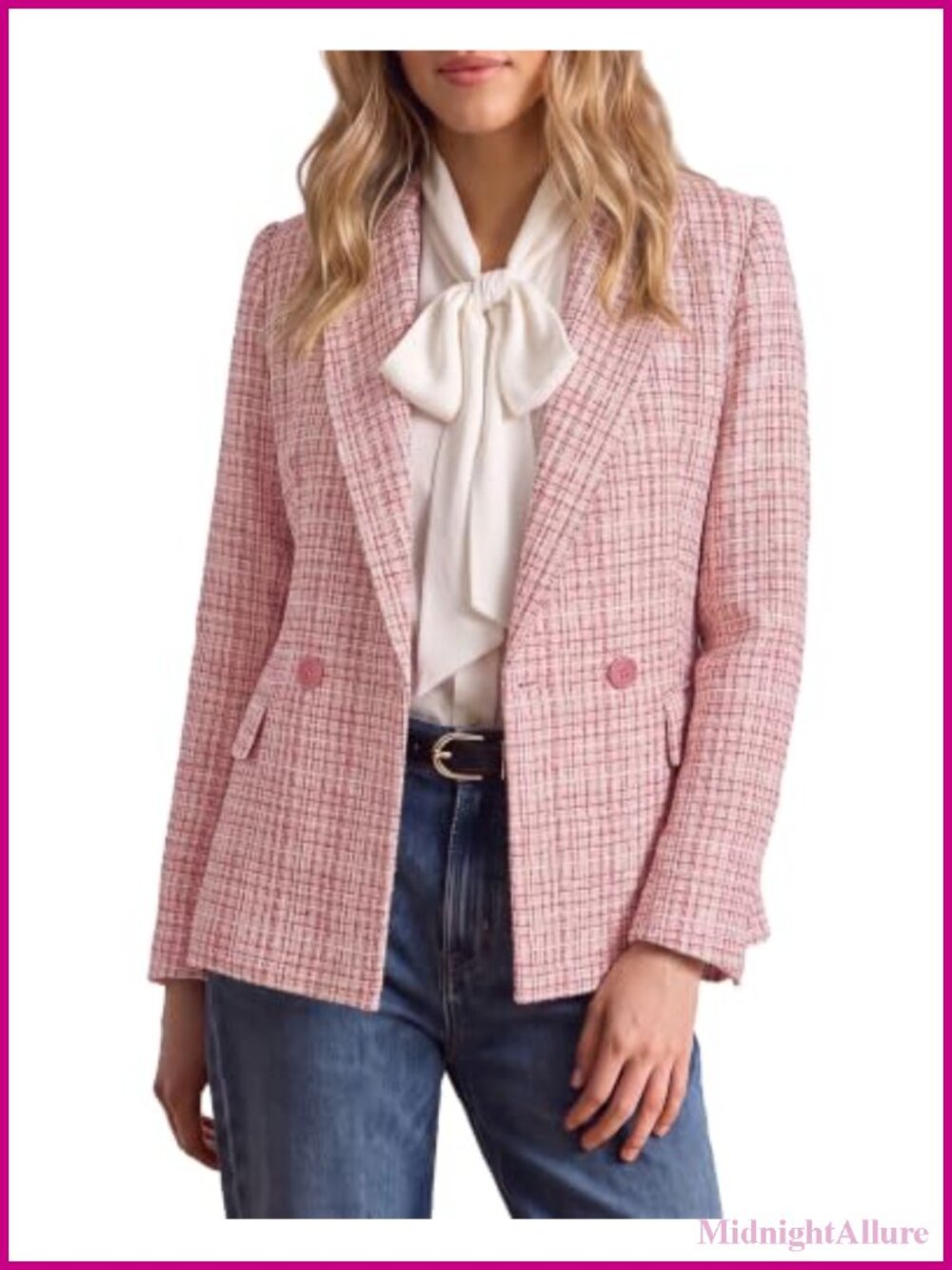 Tweed Blazer Double Breasted Notched Lapel Womens Business Casual Jacket